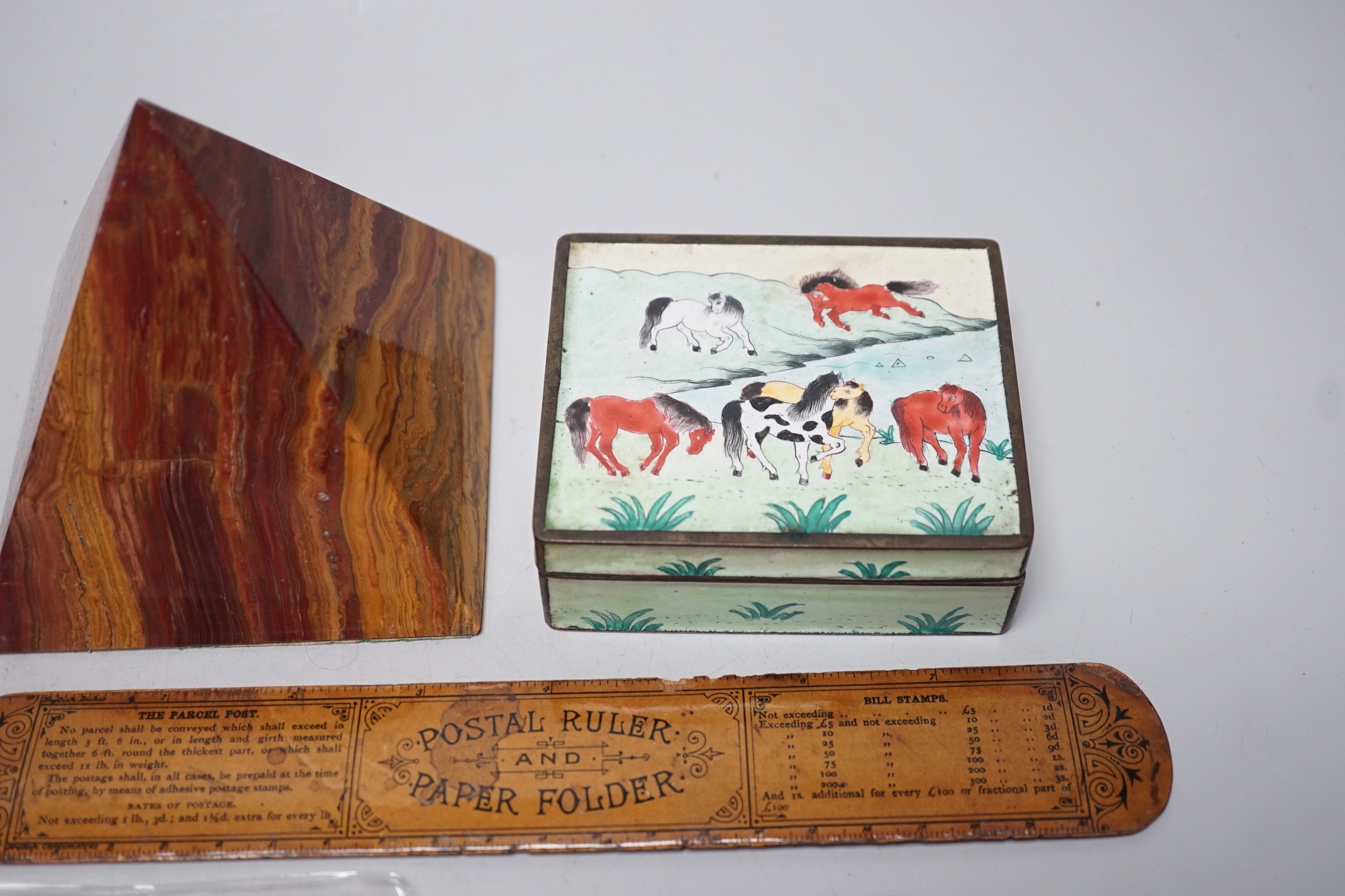 A collection of collectibles: a mother of pearl carves fish, a Mauchlin postal ruler, an enamel box and trays, coinage and various military badges etc